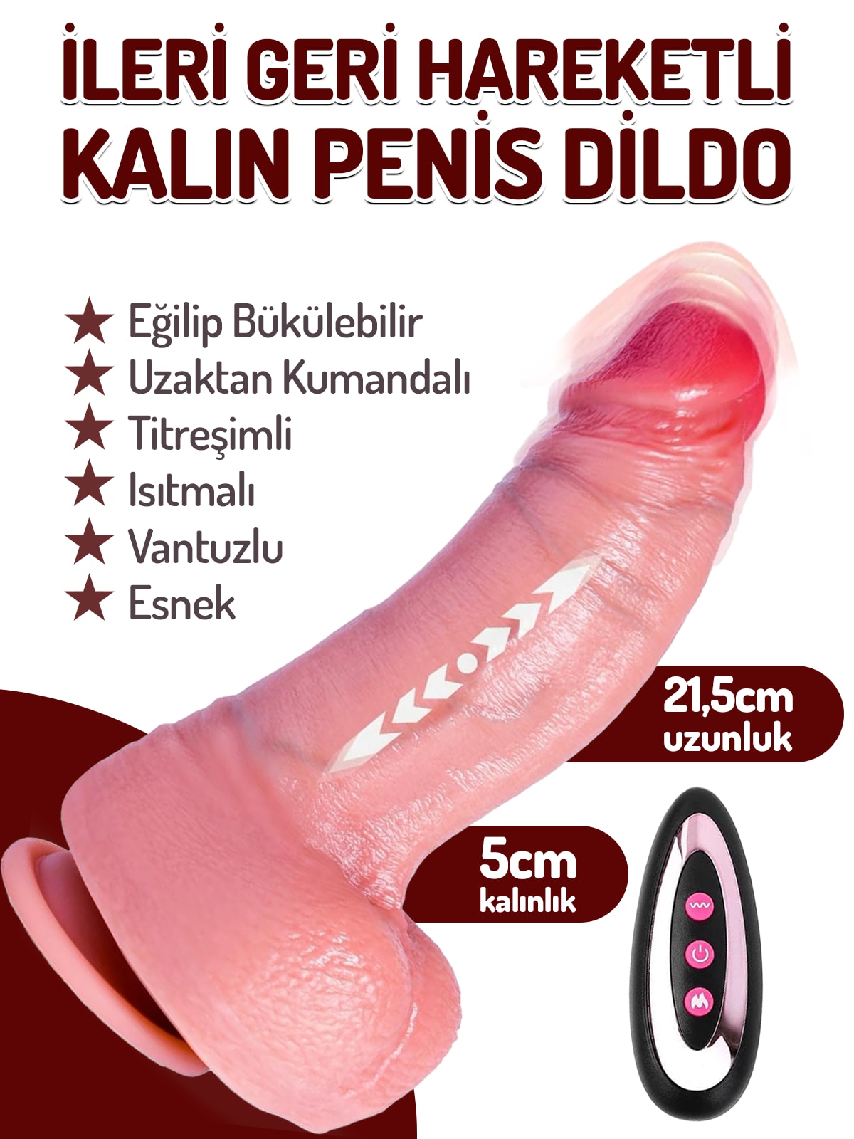 İleri Geri Hareketli Kalın 21.5 Cm Titreşim Isıtmalı Kumandalı Şarjlı Vibratör Vantuzlu Penis Dildo