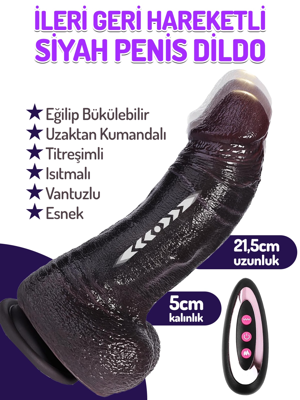 Isıtmalı İleri Geri Hareket Titreşimli Kalın 21.5 Cm Kumandalı Şarjlı Vibratör Vantuzlu Siyah Dildo