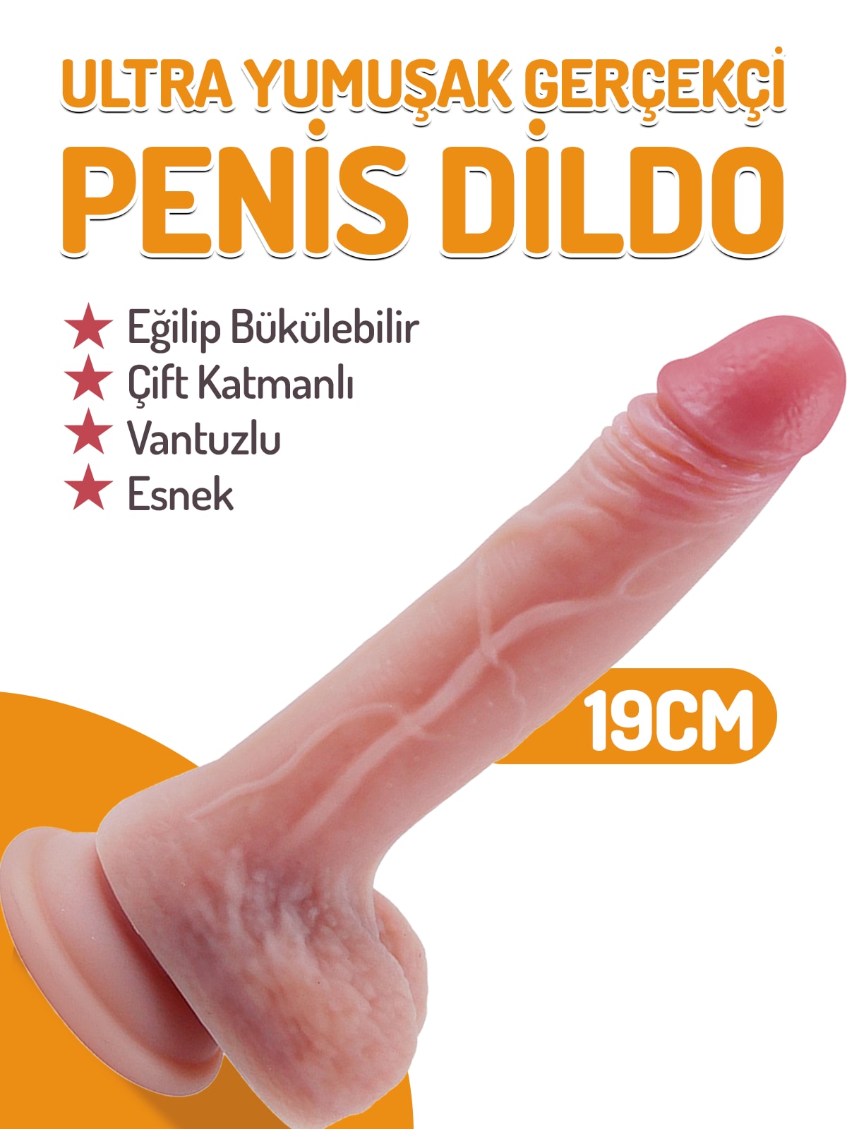 Yumuşak Çift Katmanlı Sıvı Silikon 19 Cm Penis Esnek Eğilip Bükülebilir Vantuzlu Realistik Dildo