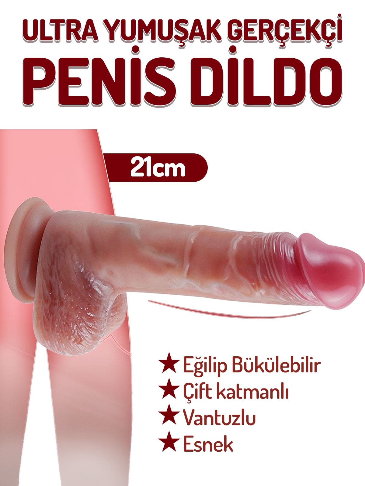 Ultra Gerçekçi Çift Katmanlı Sıvı Silikon Yumuşak Doku 21 Cm Penis Eğilip Bükülebilir Vantuzlu Dildo